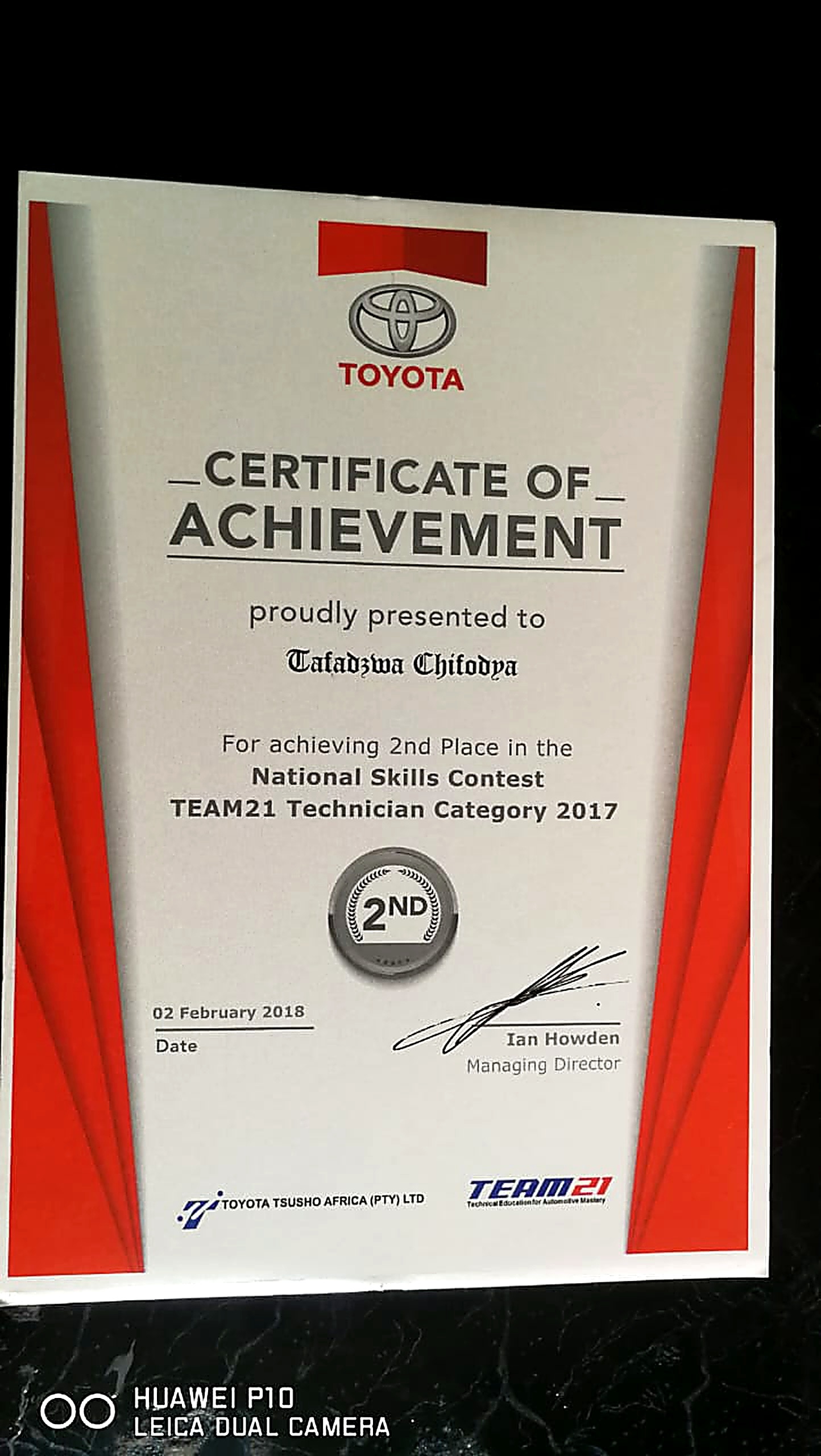 2nd Place — Toyota National Skills Contest, TEAM21 Technician Category (2017)